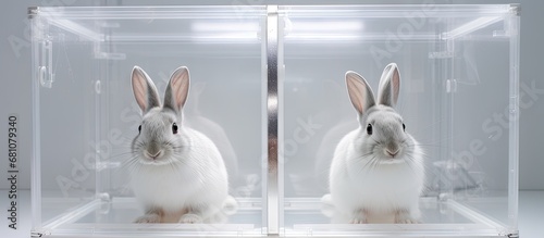 Rabbits being tested in the acrylic box Copy space image Place for adding text or design