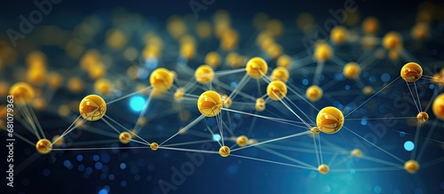 Rendering of 3D distributed ledger technology for fintech and Blockchain network concept with a blue background Copy space image Place for adding text or design photo