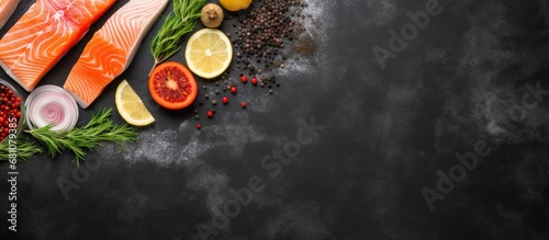 Sketch of salmon fish steak seasoned with lemon pepper sea salt and dill on a black board Copy space image Place for adding text or design photo
