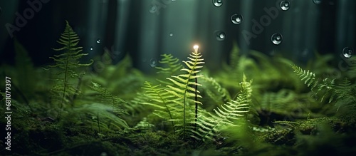 Searching for a magical fern flower during Latvia s dark forest Summer Solstice Copy space image Place for adding text or design