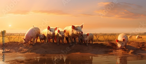 Pigs grazing in a field piglets and mother feeding muddy swine in golden sunset Copy space image Place for adding text or design photo