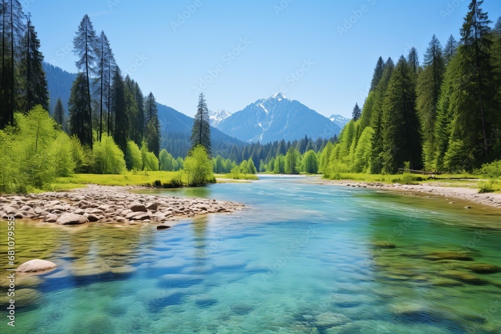 Crystal Clear Water Reflecting Serene Lake Surrounded by Majestic Snow Capped Mountain Peaks