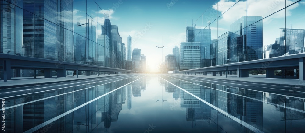 Reflection of clean roads and buildings on a glass wall Copy space image Place for adding text or design