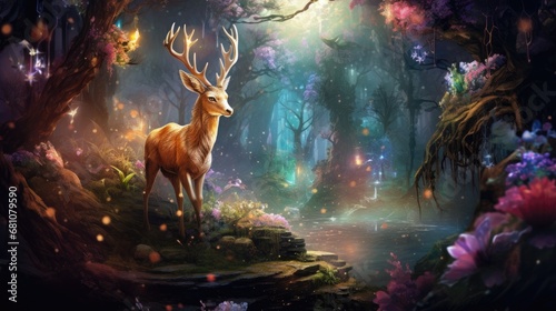 a world of magic and fantasy with fantastic creatures. Ancient trees, beautiful castles among trees and leafy mountains.
