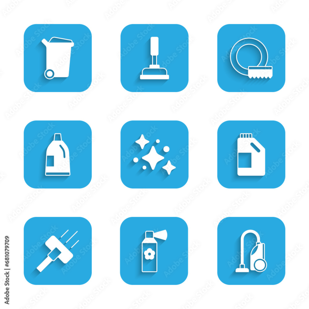 Set Home cleaning service, Air freshener spray bottle, Vacuum cleaner, Bottle for agent, Washing dishes and Trash can icon. Vector Set Home cleaning service, Air freshener spray bottle, Vacuum cleaner, Bottle for agent, Washing dishes and Trash can icon. Vector