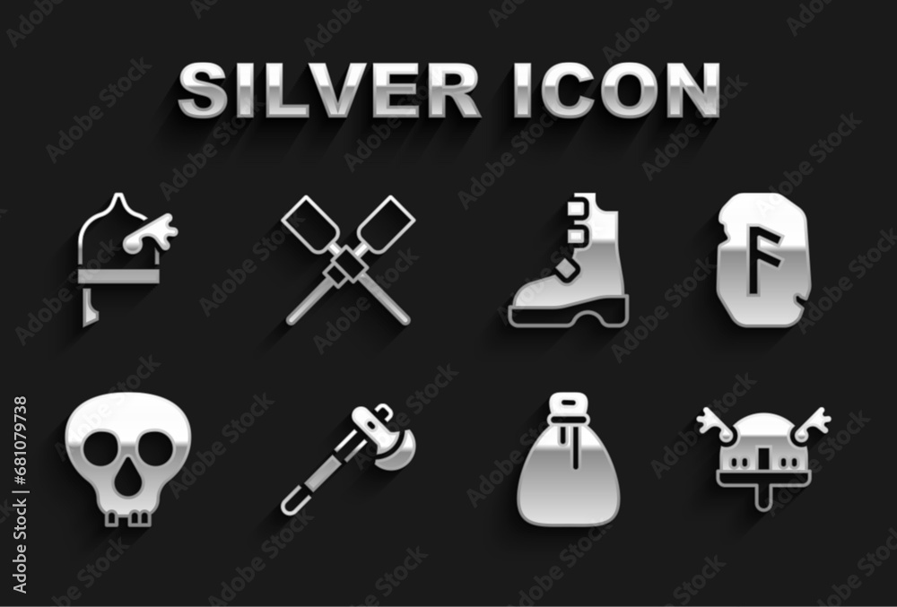 Set Wooden axe, Magic rune, Viking in horned helmet, Old money bag, Skull, Ancient viking boots, and Oars paddles boat icon. Vector Set Wooden axe, Magic rune, Viking in horned helmet, Old money bag, Skull, Ancient viking boots, and Oars paddles boat icon. Vector