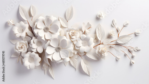 Elegant branch of white paper jasmine flowers and leaves on minimal light background. Nature decor concept