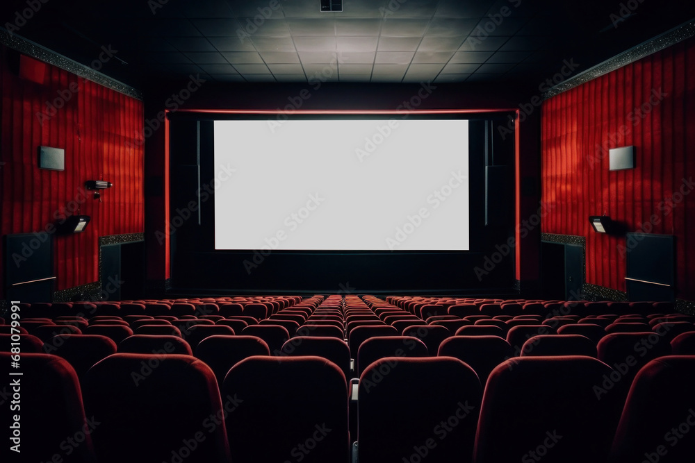 Cinema hall with red seats and white screen. Empty movie theatre interior