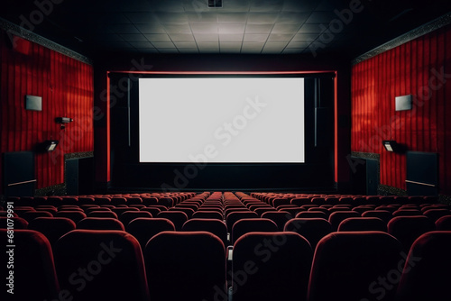 Cinema hall with red seats and white screen. Empty movie theatre interior