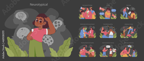 Neurotypical set. Comprehensive exploration of societal norms and neurodiversity. Understanding, privilege and stereotypes. Supporting people with autism, adhd, depression. Flat vector