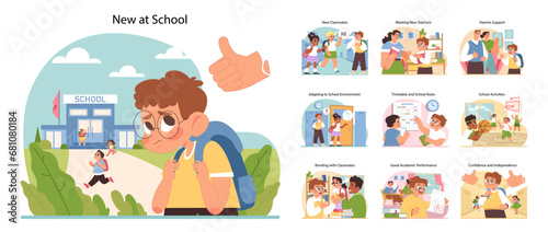 New at school concept. Students first day experience and interactions at unknown place. Making friends, learning routines, getting accustomed to local rules. Flat vector illustration
