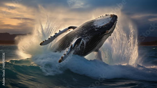 Ocean Symphony: A visually dynamic composition of a whale leaping out of the water, surrounded by cascading waves and ocean spray in a symphony of motion