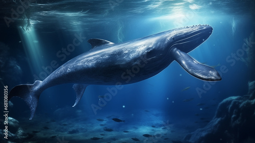 Moonlit Encounter: An enchanting scene of a whale swimming beneath the moonlight, creating a visually magical and ethereal atmosphere in the open ocean