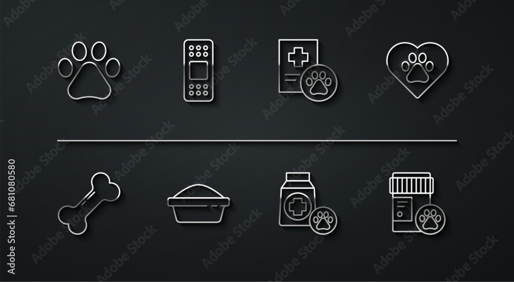 Set line Paw print, Dog bone, Heart with animals footprint, Bag of food, Pet bowl, Bandage plaster, medicine bottle and Clinical record pet icon. Vector Set line Paw print, Dog bone, Heart with animals footprint, Bag of food, Pet bowl, Bandage plaster, medicine bottle and Clinical record pet icon. Vector