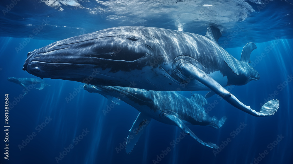 Naklejka premium Migratory Beauty: An image capturing the sheer beauty of a whale's migration, showcasing the vastness of the open ocean in a visually impactful way
