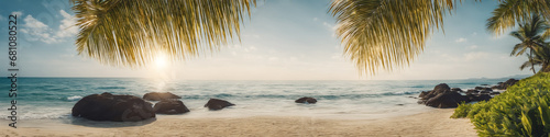 Ocean coast panorama in calm weather with small waves, blue sky, white clouds and bright sun. Palm leaves in the foreground. Seascape illustration. Generative AI photo