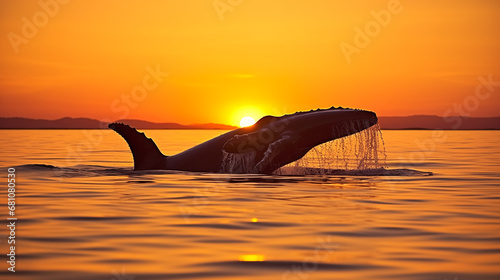 Golden Horizon: A visually elaborate shot of a whale swimming towards the horizon during the golden hours of sunrise, creating a serene and majestic ambiance © Наталья Евтехова