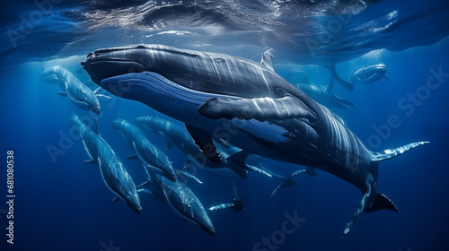 Oceanic Ballet: A visually captivating composition of multiple whales engaged in synchronized movements, resembling a ballet in the expansive ocean © Наталья Евтехова
