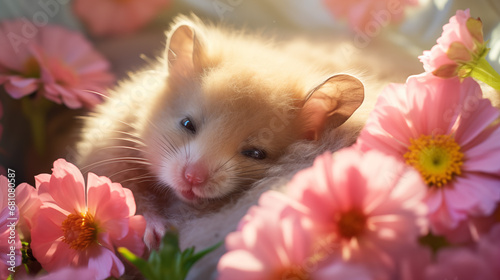 mouse sleeping on pink flowers