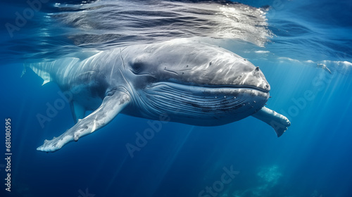 Whale's Eye View: A unique perspective of a whale swimming beneath the water's surface, offering a visually immersive view of its underwater world photo