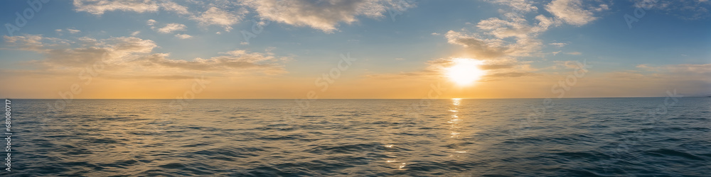 Ocean coast panorama in calm weather with small waves, blue sky, white clouds and bright sun. Seascape illustration. Generative AI