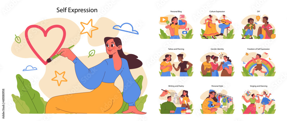 Self expression set. Creative individuals showcasing identity and passions. Personal blogging, cultural dances, crafting. Expressive hobbies visualized. Flat vector illustration