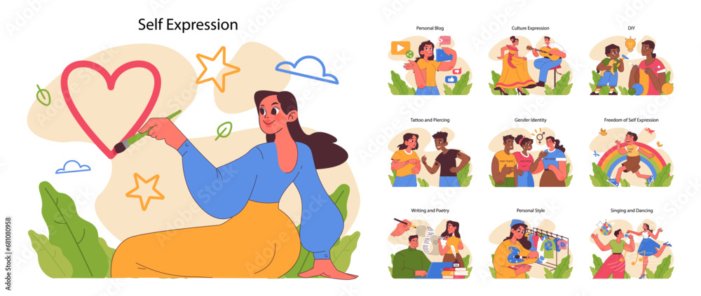 Fototapeta premium Self expression set. Creative individuals showcasing identity and passions. Personal blogging, cultural dances, crafting. Expressive hobbies visualized. Flat vector illustration
