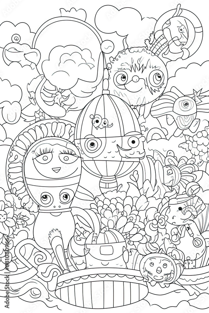 Fototapeta premium Various coloring book page for kids in vector art style AI Generated