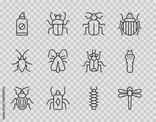 Set line Chafer beetle, Dragonfly, Beetle bug, Spray against insects, Clothes moth, Centipede and Larva icon. Vector