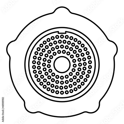 Grate for meat grinder plate mincer device for growing shallow of meat lattice with nut screw female screw pawl stop latch holder contour outline line icon black color vector illustration image thin 