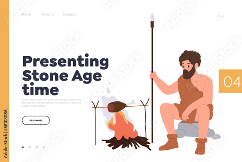 Presenting stone age time landing page design template with tribesman character cooking on fire