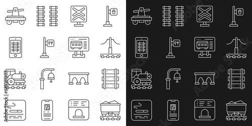 Set line Coal train wagon, Railway, railroad track, Railroad crossing, Cafe and restaurant location, Buy ticket online, Draisine or handcar and Ticket office to buy tickets icon. Vector