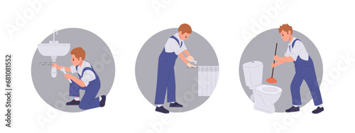Plumber repairing toilet, sink or heating radiator providing professional home service composition