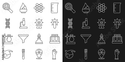 Set line Medical rubber gloves, Test tube and flask, Chemical explosion, Molecule, Microscope, DNA symbol, Microorganisms under magnifier and icon. Vector