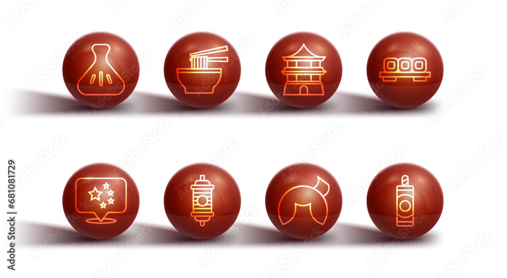 Set line Dumpling, China flag, Sushi on cutting board, Chinese fortune cookie, paper lantern, Asian noodles bowl, Firework and house icon. Vector Set line Dumpling, China flag, Sushi on cutting board, Chinese fortune cookie, paper lantern, Asian noodles bowl, Firework and house icon. Vector