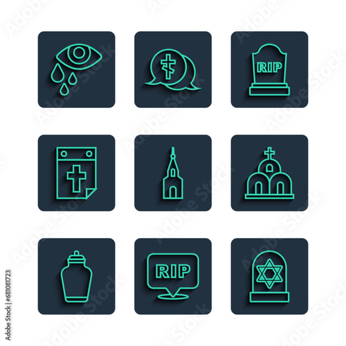 Set line Funeral urn, Speech bubble rip death, Grave with star of david, Tombstone RIP written, Church building, Calendar, Tear cry eye and icon. Vector