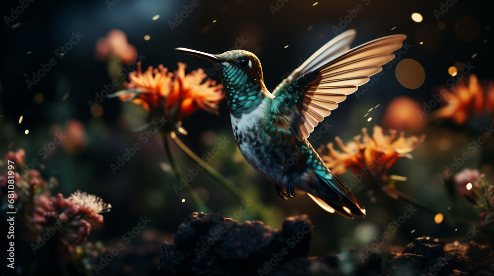 Colibrì con piume colorate e becco lungo vola vicino ai fiori nella foresta Colibrì con piume colorate e becco lungo vola vicino ai fiori nella foresta