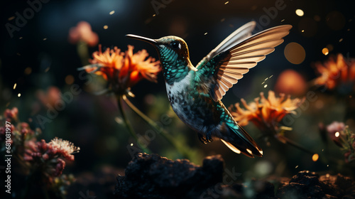 Colibrì con piume colorate e becco lungo vola vicino ai fiori nella foresta photo