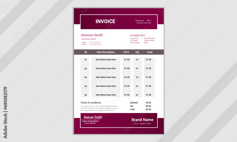 Professional invoice and letterhead design for corporate office, price invoices, Business invoice form template, bill graphic, or payment receipt page vector, unique & minimal Invoice.