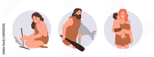 Primitive people of stone age survival flat cartoon character isolated round icon composition set