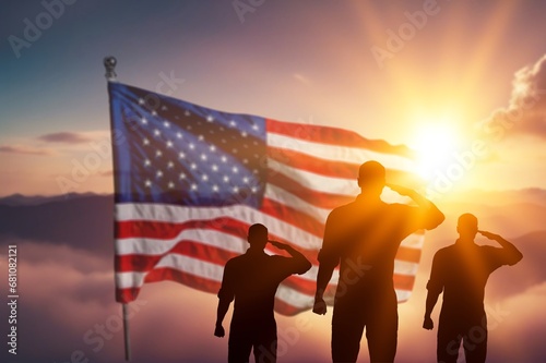 Silhouettes of soldiers on the background USA flag.