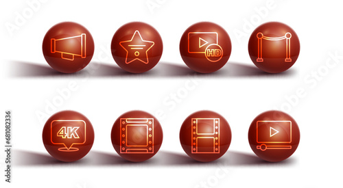 Set line Megaphone, 4k Ultra HD, Rope barrier, Play video, Walk of fame star, Online play and Hd movie, tape, frame icon. Vector