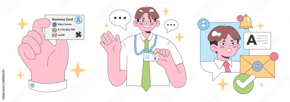 Business interactions set. Hand holding a business card, doctor sharing details, notification alerts. Conversations and networking. Digital communication. Flat vector illustration Business interactions set. Hand holding a business card, doctor sharing details, notification alerts. Conversations and networking. Digital communication. Flat vector illustration