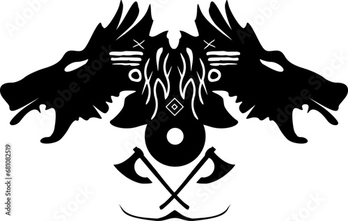 Wikinger Symbolik - Drachenköpfe mit Ornamenten und gekreuzten Äxten