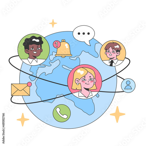 Global communication concept. Diverse faces orbit around an Earth map, showcasing real-time notifications, messages, and calls. Digital interaction, worldwide connectivity. Flat vector illustration