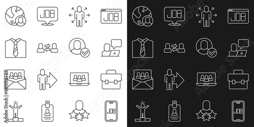 Set line Search job, Briefcase, Freelancer, Multitasking manager working, Exchange, Tie, Globe and people and Worker icon. Vector