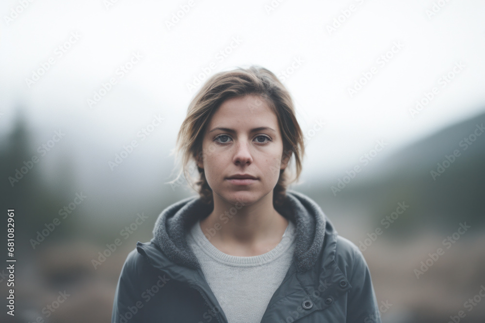 outdoor portrait of a young woman in misty nature with muted colors background for copy space outdoor portrait of a young woman in misty nature with muted colors background for copy space
