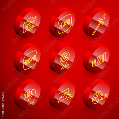 Set line Photo camera, frame 4, retouching, 16, Camera shutter, photo lens, and icon. Vector