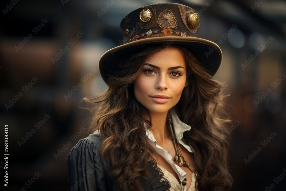 A Woman in a Stylish Brown Steampunk Hat and a Stylish Steampunk Dress. A woman wearing a brown hat and a white shirt A Woman in a Stylish Brown Steampunk Hat and a Stylish Steampunk Dress. A woman wearing a brown hat and a white shirt