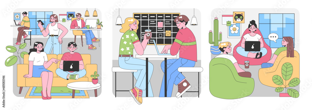 Modern Co-working Space set. Vibrant professionals collaborating, freelancers at workstations, relaxed meetings. Engaging conversations, sharing ideas. Flat vector illustration.
